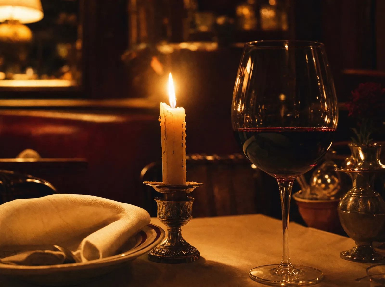 A candlelit table set with a glass of red wine at GP's