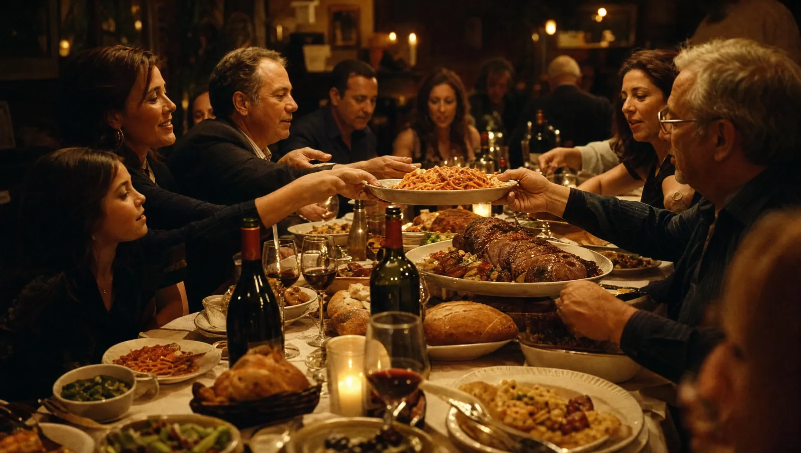 An abundant family-style Italian feast laid out for a celebration at GP's