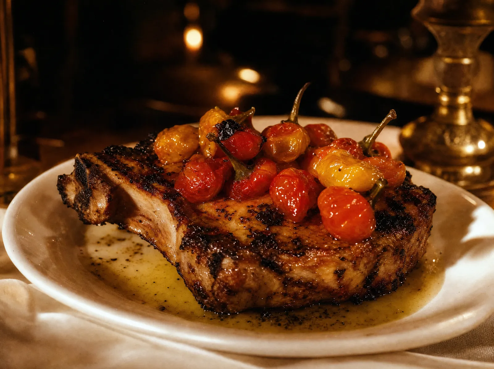 Grilled bone-in pork chop with cherry peppers
