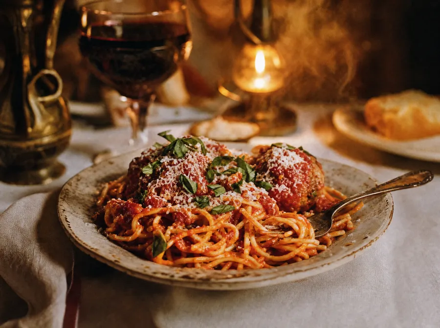 Spaghetti and GP's meatballs in marinara