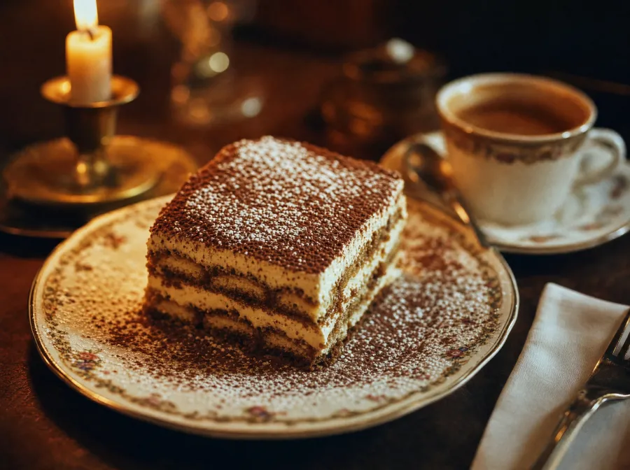 Classic tiramisu dusted with cocoa, with espresso