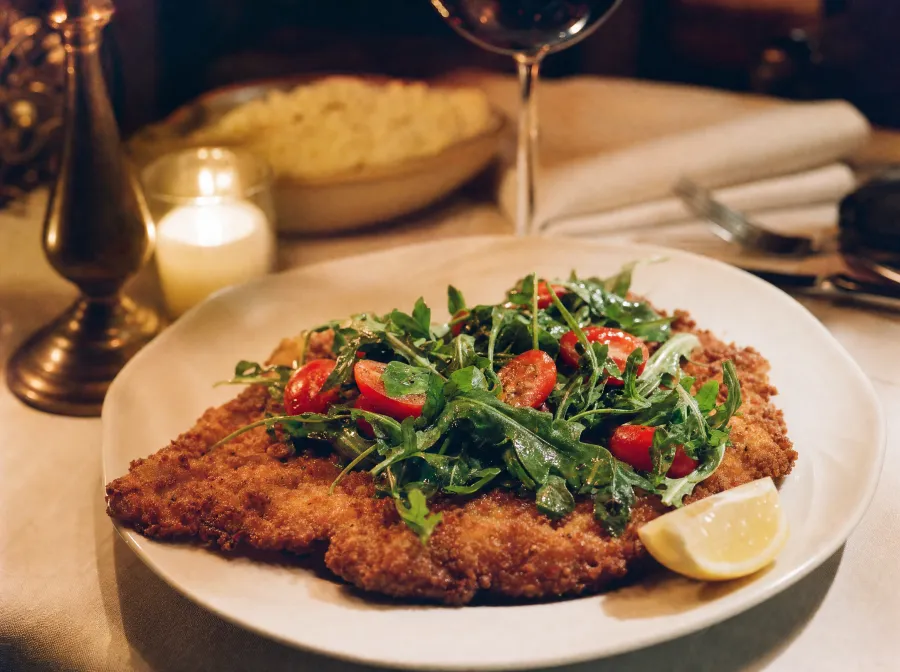 Golden veal Milanese with arugula and tomato salad
