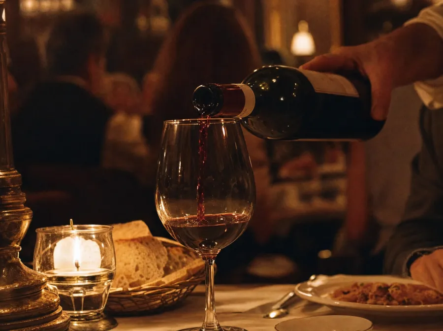 A glass of red Chianti being poured at a candlelit table at GP's